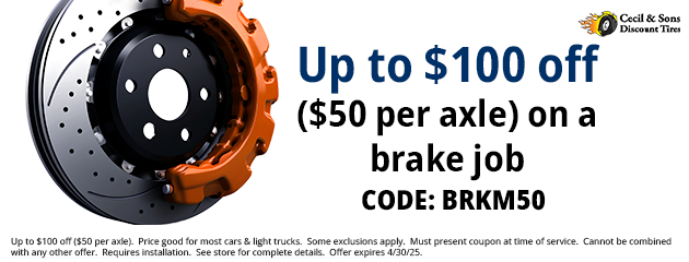 Up to $100 off ($50 per axle) on a brake job